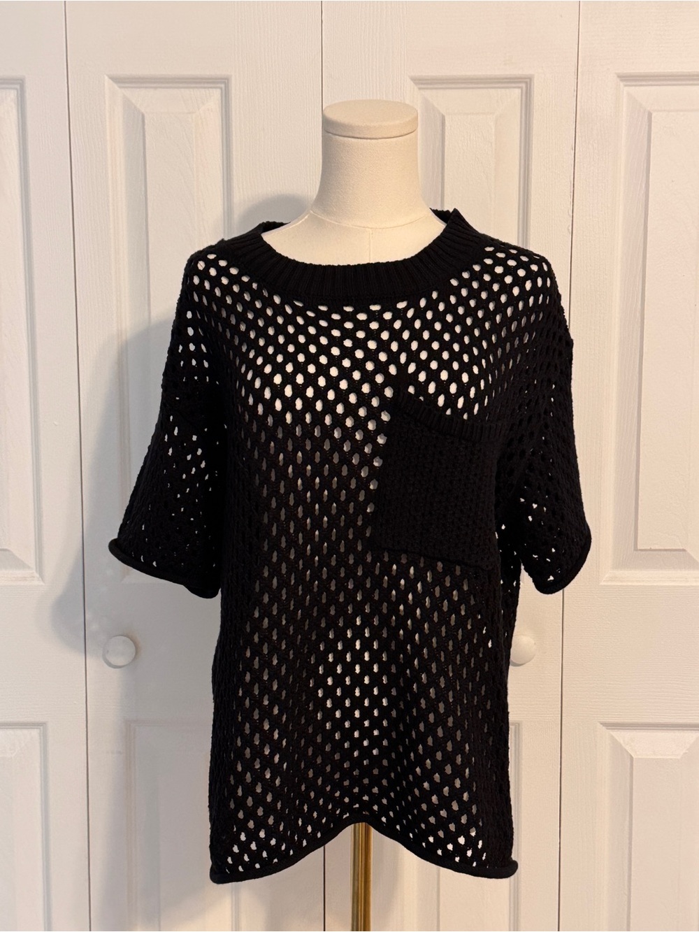 Evereve Black Open-Knit cotton Short Sleeve Sweater Top size medium